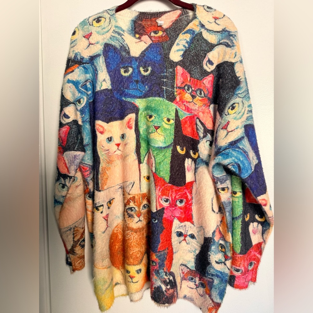 Colorful Oversized Cat Print Sweater - Picture 4 of 8